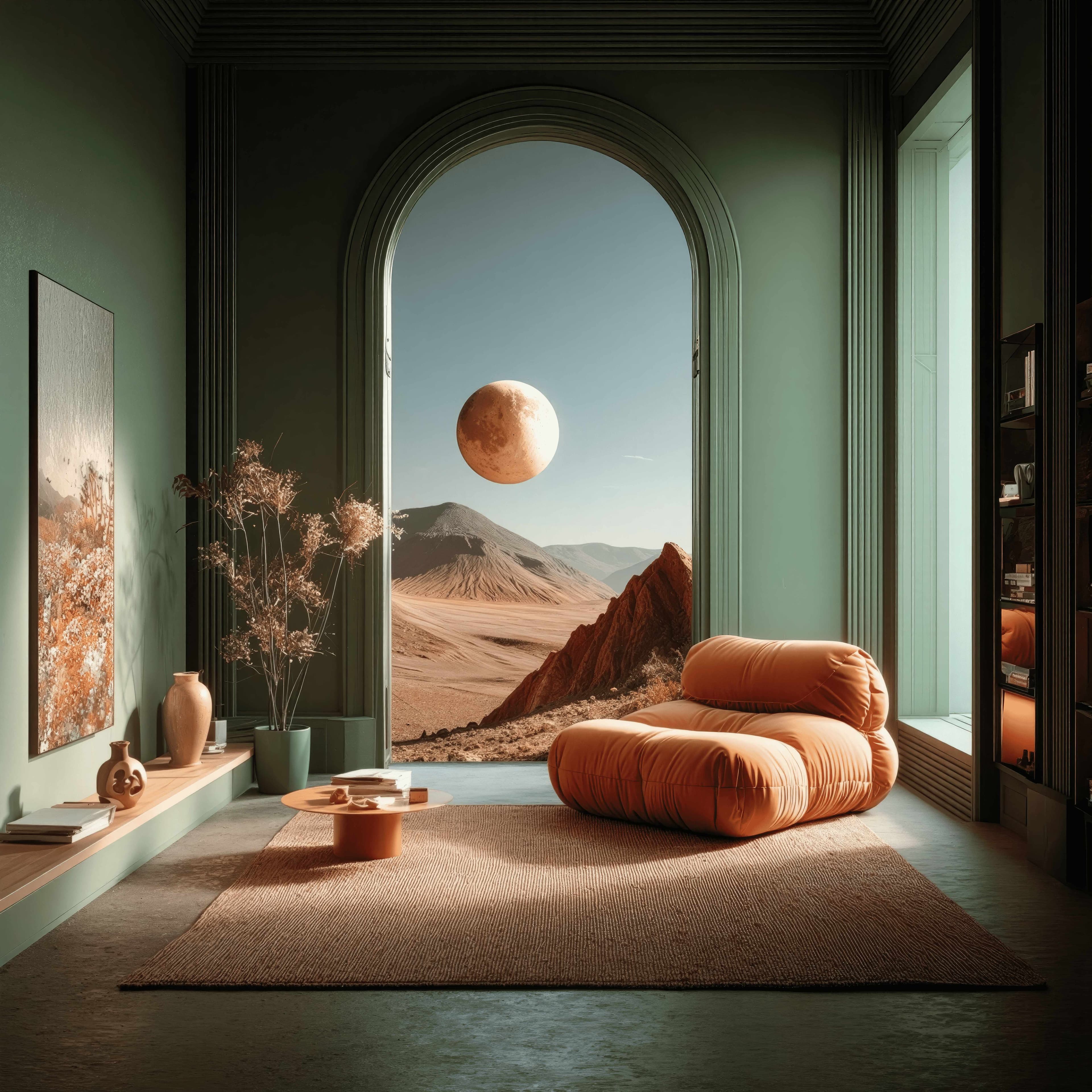 KATACHI Studio - Elegant interior with sage green walls and terracotta furniture overlooking surreal landscape